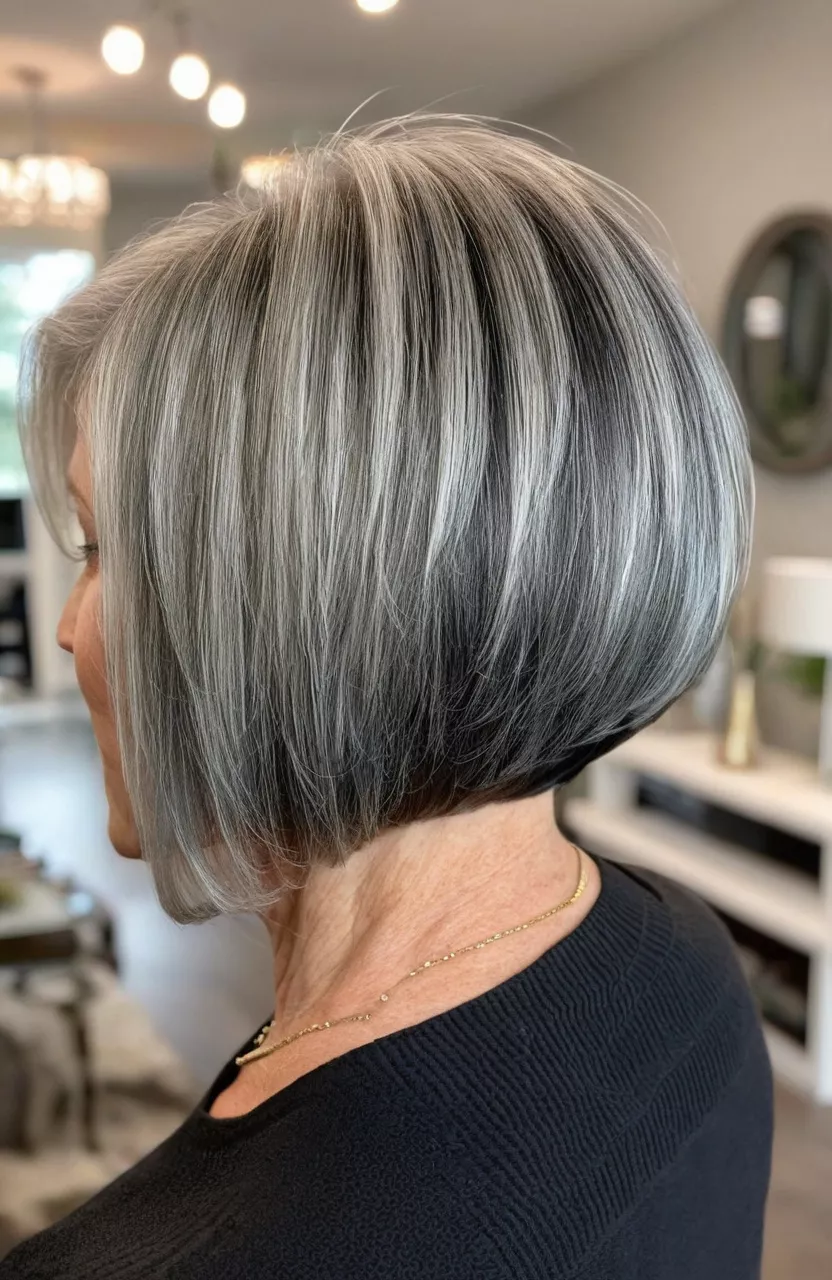 A photo of a 63-year-old Deborah, salt-and-pepper graduated bob with layered back, back view, living room background