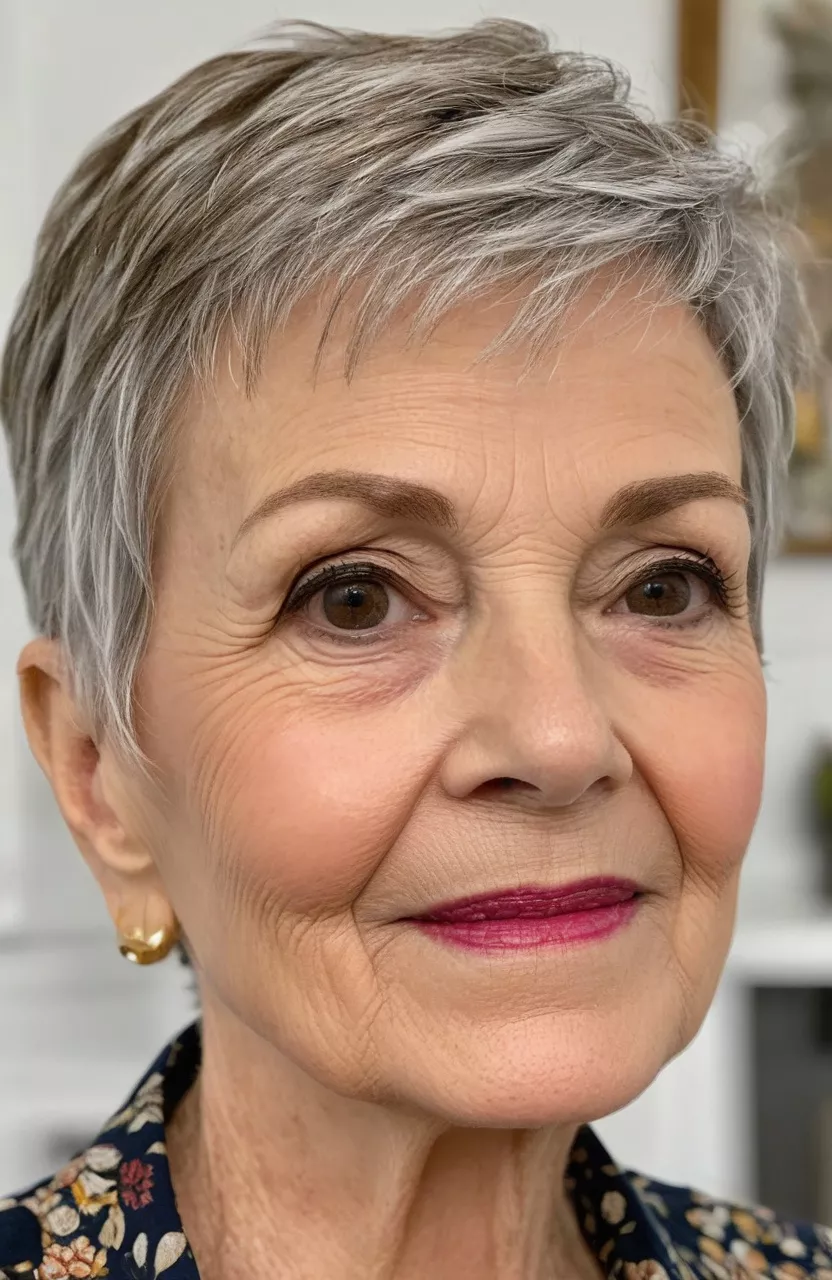 Layered Pixie for Thinning Hair A photo of a 74-year-old Karen, layered pixie for thinning hair, front view, living room background