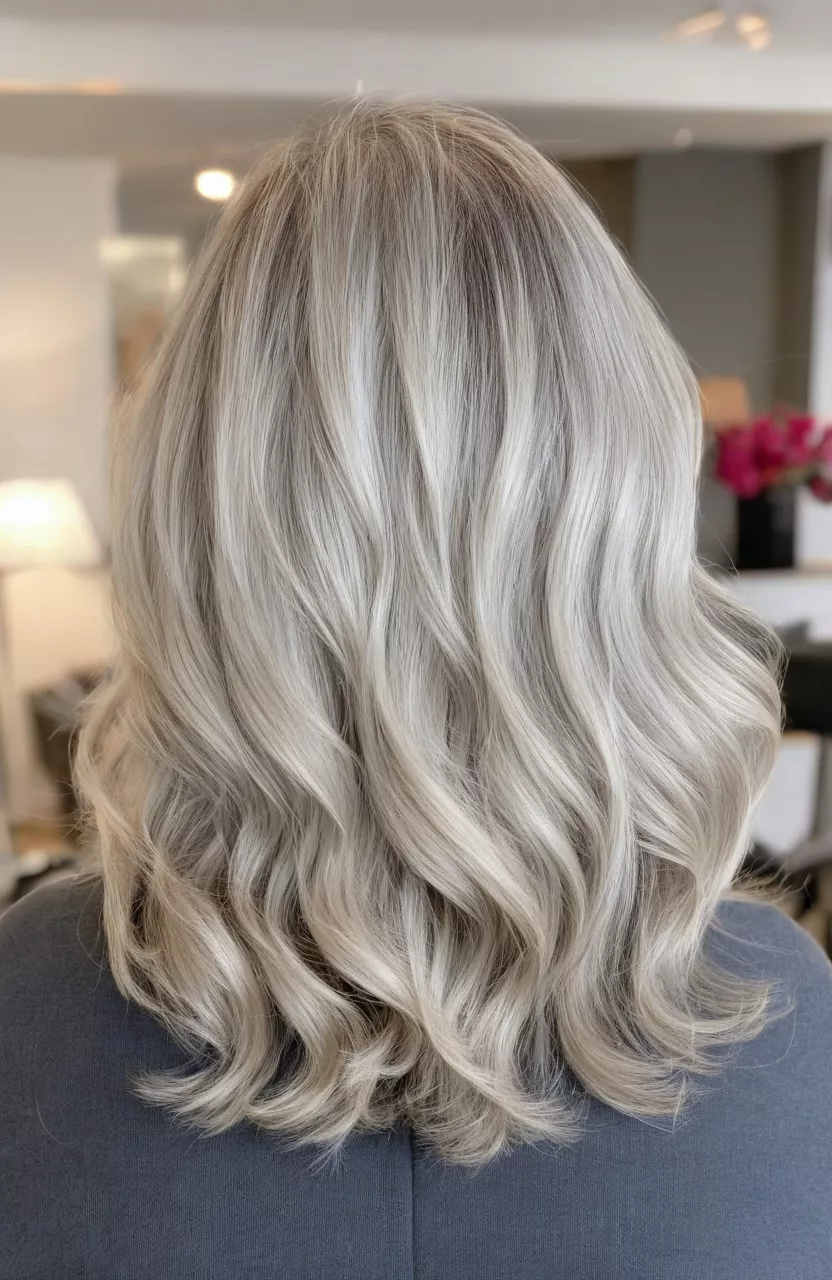 A photo of a 58-year-old Linda, silver blonde shoulder-length waves, back view, living room background