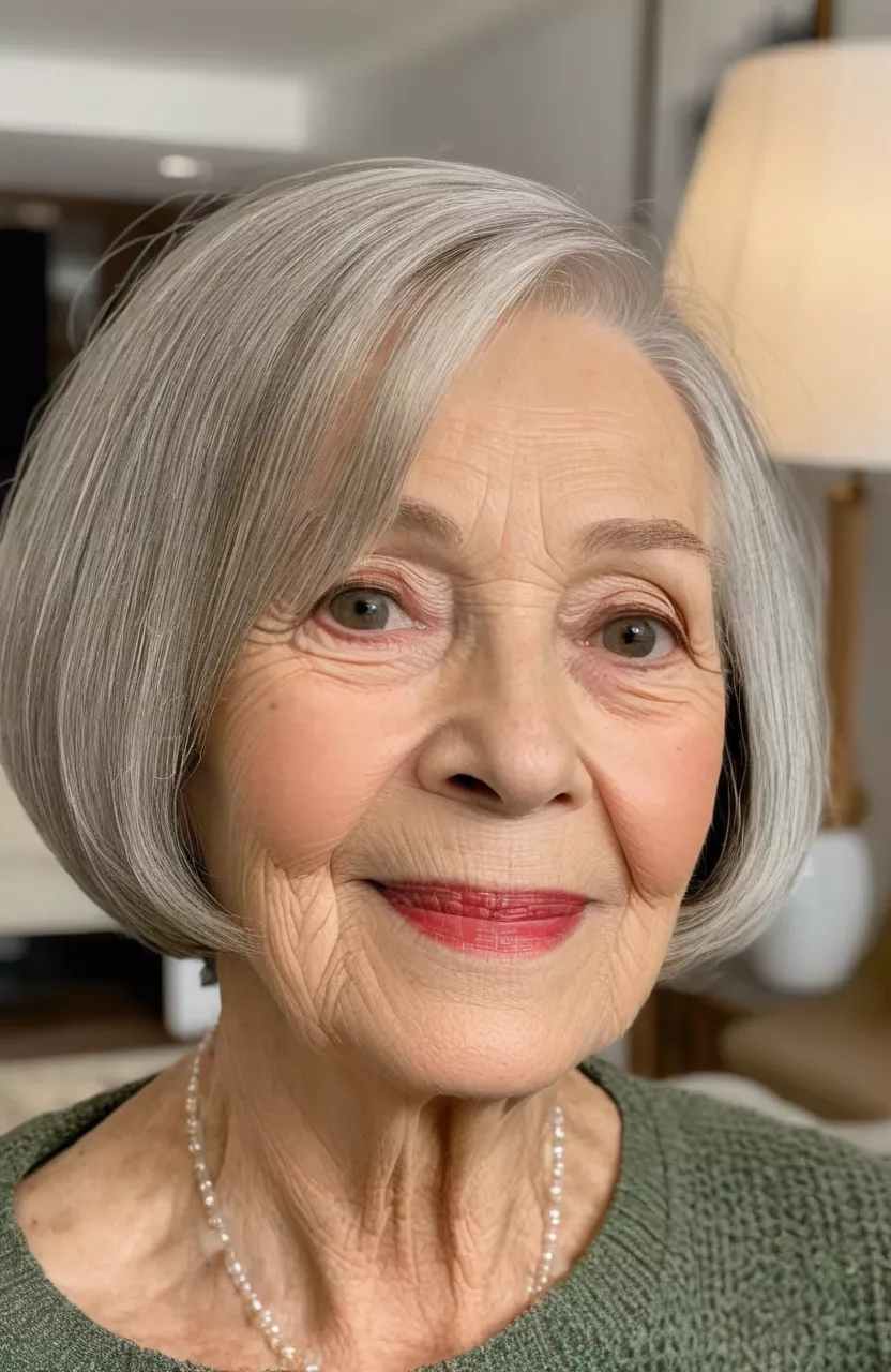 A photo of a 79-year-old Evelyn, short bob for thin hair, front view, living room background