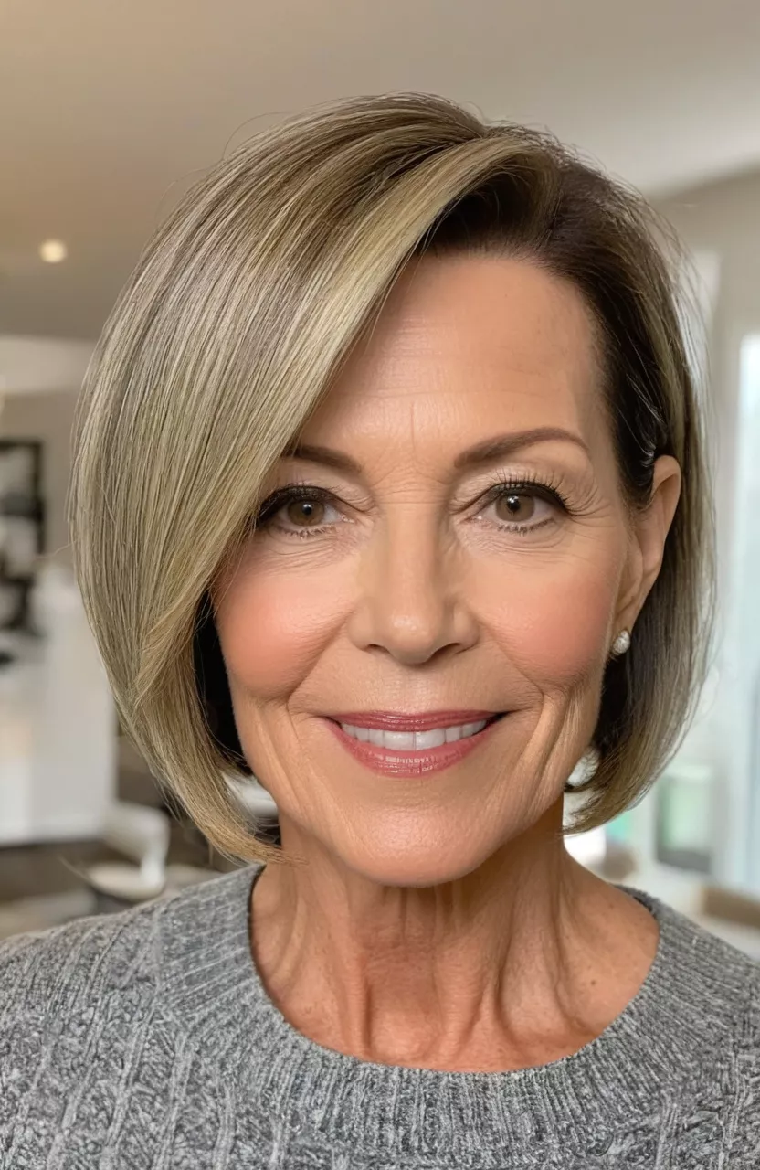 Simple Bob for Straight Hair A photo of a 56-year-old Michelle, simple bob for straight hair, front view, living room background