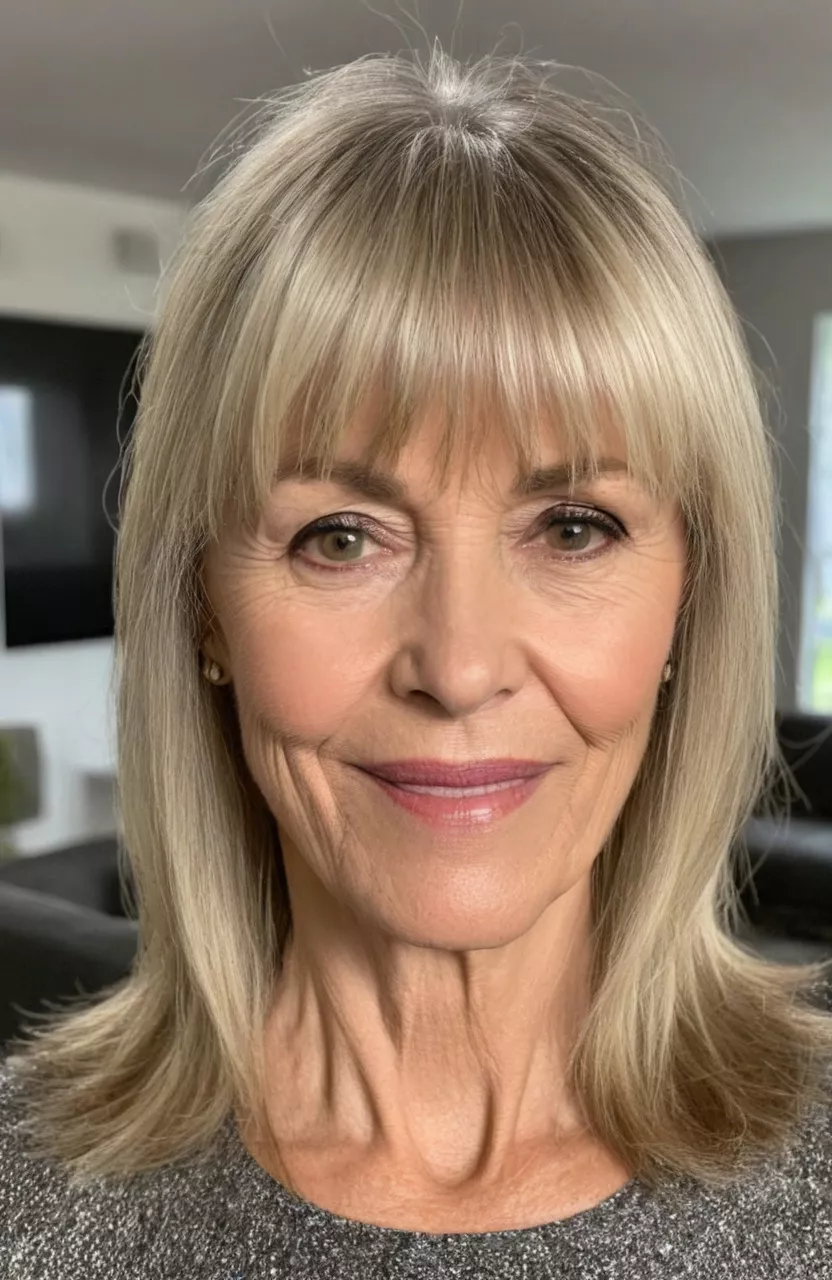 Blonde Straight Hair with Choppy Bangs A photo of a 58-year-old Linda, blonde straight hair choppy bangs, front view, living room background
