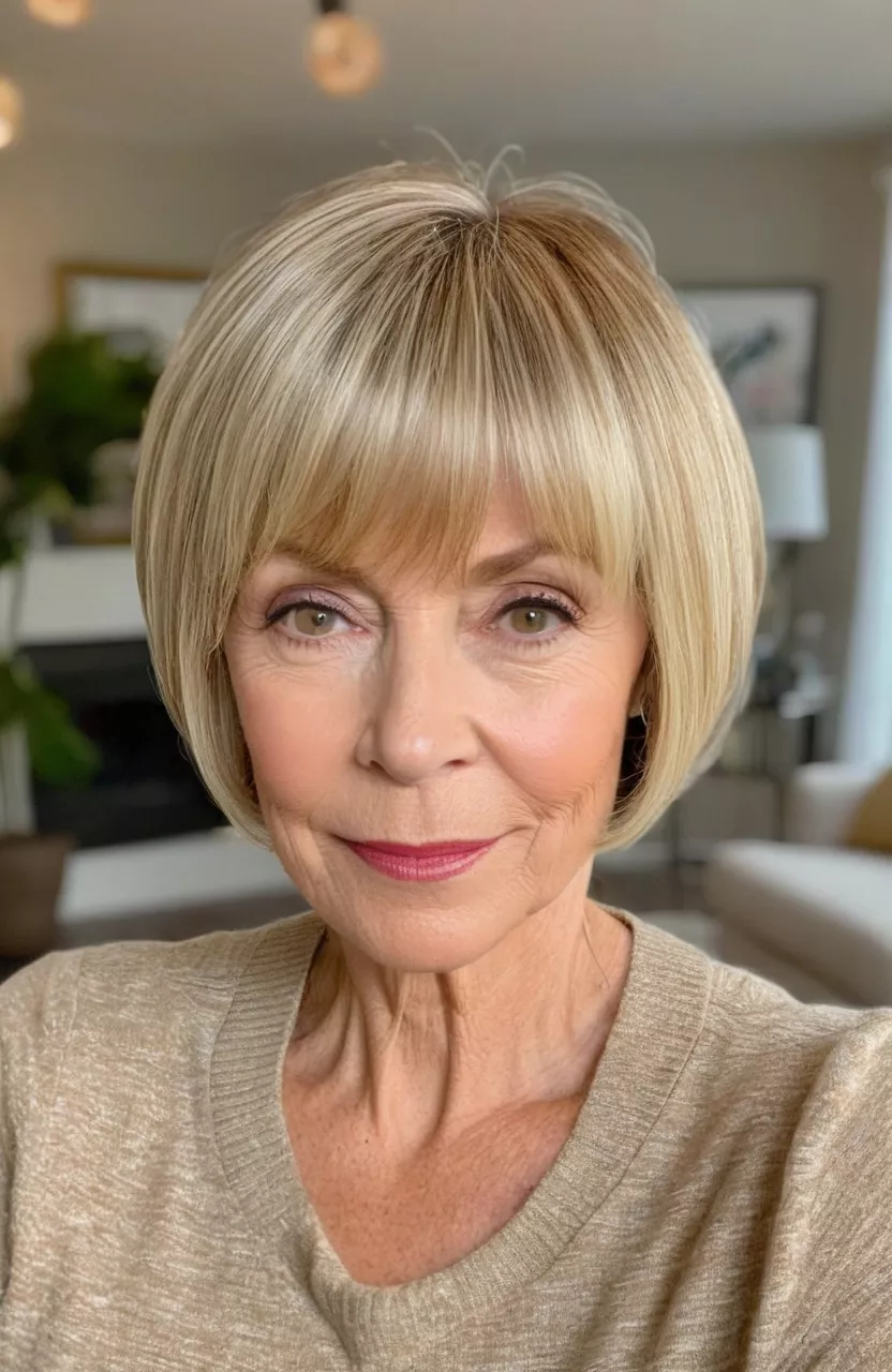 A photo of a 61-year-old Carolyn, sandy blonde pixie bob with bangs, front view, living room background