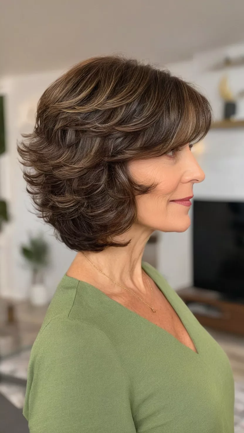 A photo of a 55-year-old Maria, wavy bob with side-swept bangs, side view, living room background