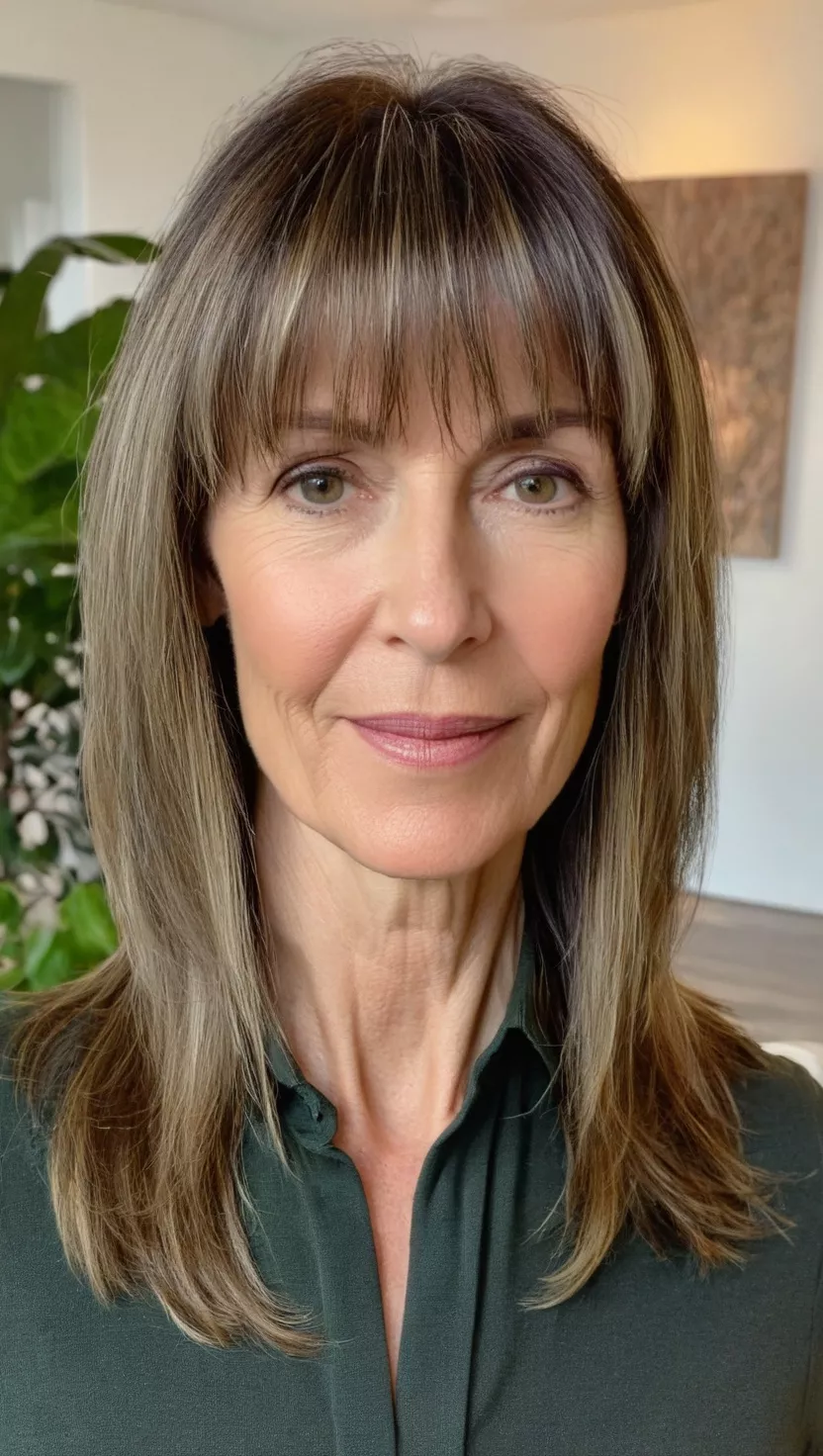 A photo of a 52-year-old Susan, straight medium-length cut with long layers and bangs, front view, living room background