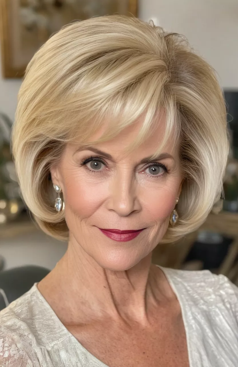 Bright Blonde Bixie Hair A photo of a 52-year-old Martha, bright blonde bixie hair, front view, living room background