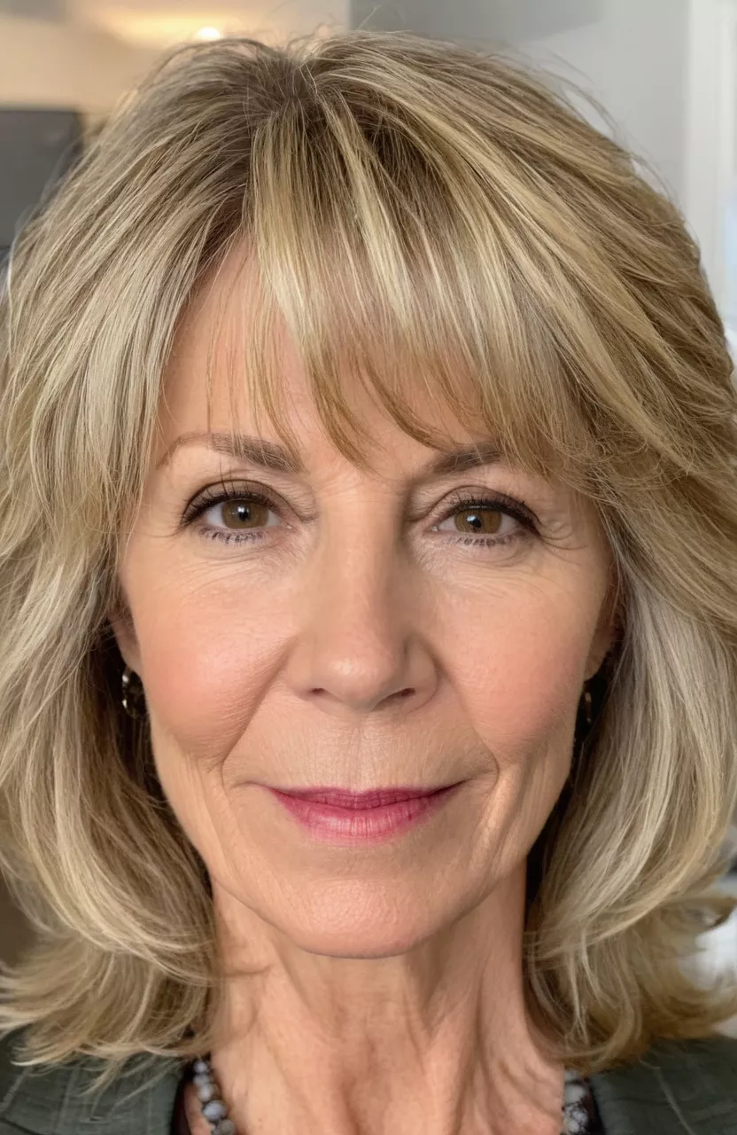 A photo of a 54-year-old Kimberly, textured blonde piecey layers, front view, living room background