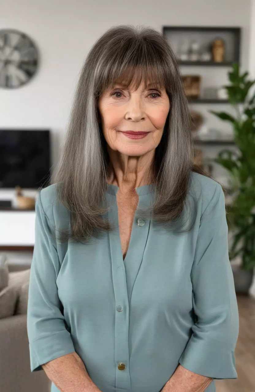 A photo of a 73-year-old Linda, long layers with full bangs, front view, living room background