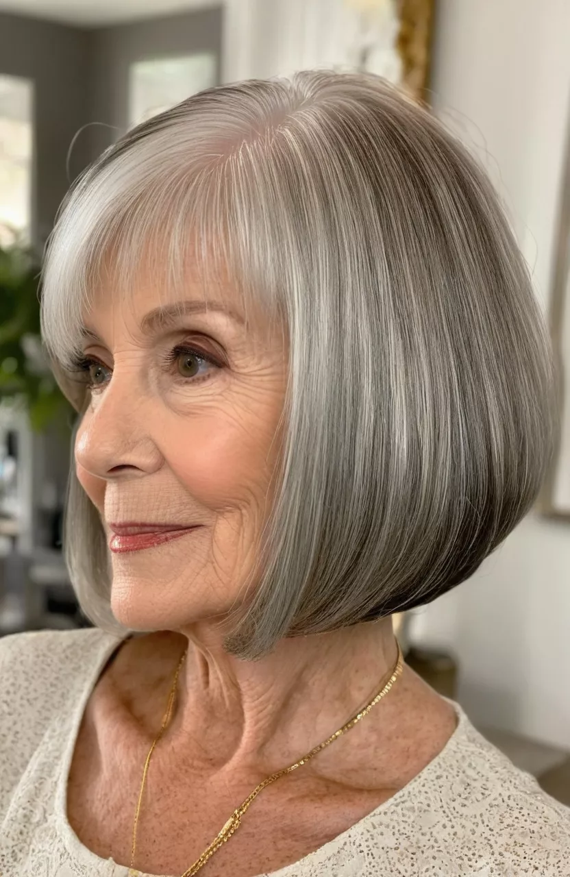 A photo of a 76-year-old Shirley, long inverted bob, side view, living room background