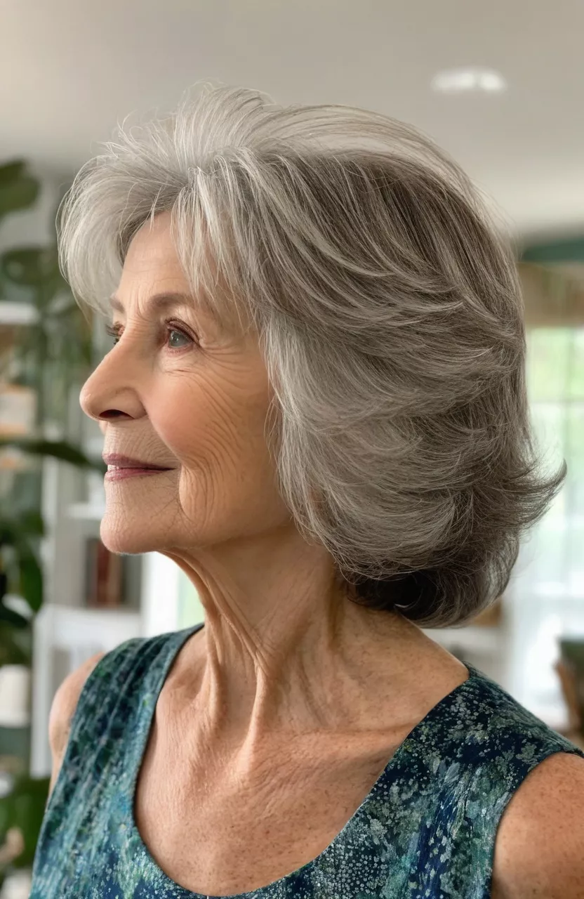 Wispy Bob A photo of a 79-year-old Susan, wispy bob, side view, living room background