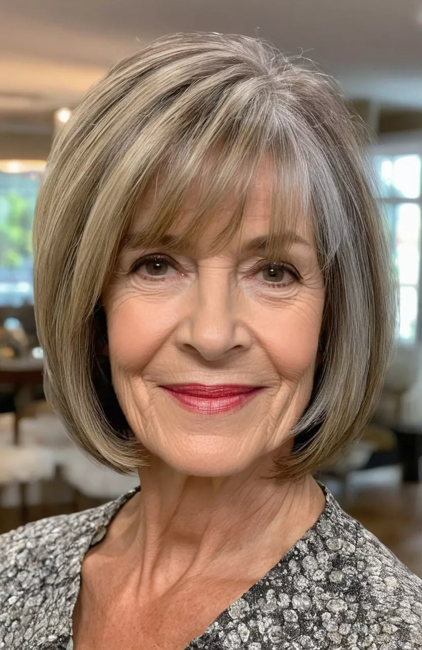 A photo of a 64-year-old Cynthia, highlighted shoulder-length bob with face-framing layers, front view, living room background
