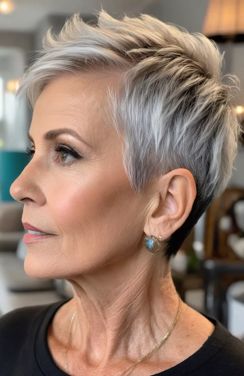 Edgy Pixie with Shaved Sides A photo of a 71-year-old Sarah, edgy pixie with shaved sides, side view, living room background