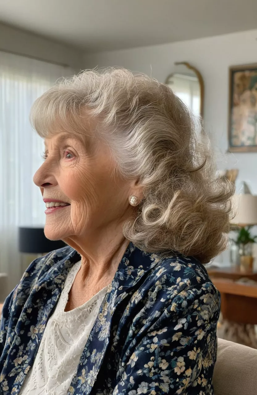 A photo of a 77-year-old Betty, long full waves with bangs, back view, living room background
