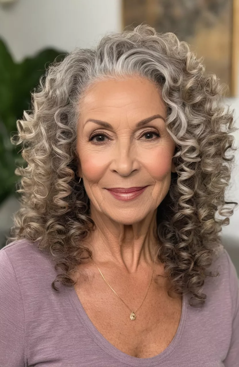 Defined Curls A photo of a 66-year-old Cynthia, defined curls, front view, living room background