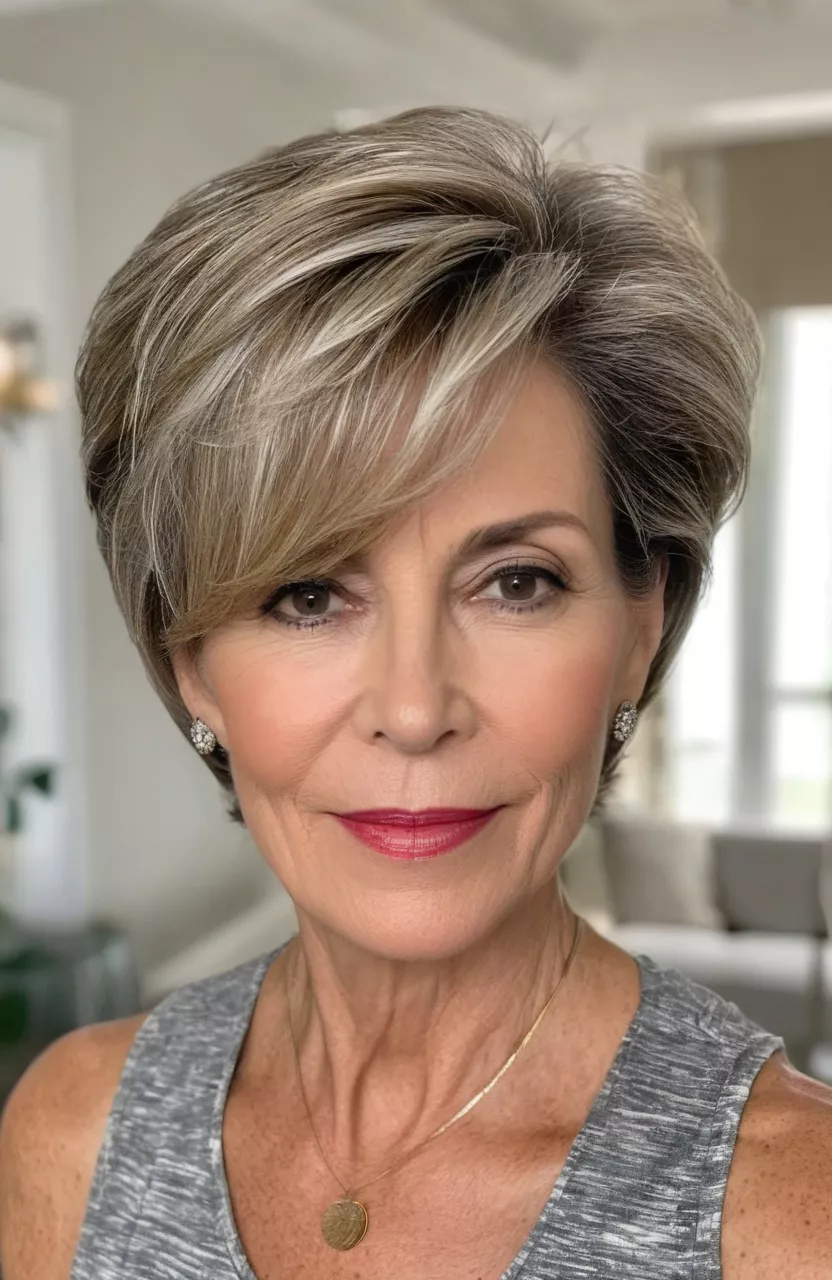 Mixed Textures A photo of a 55-year-old Susan, mixed texture medium hairstyle, front view, living room background