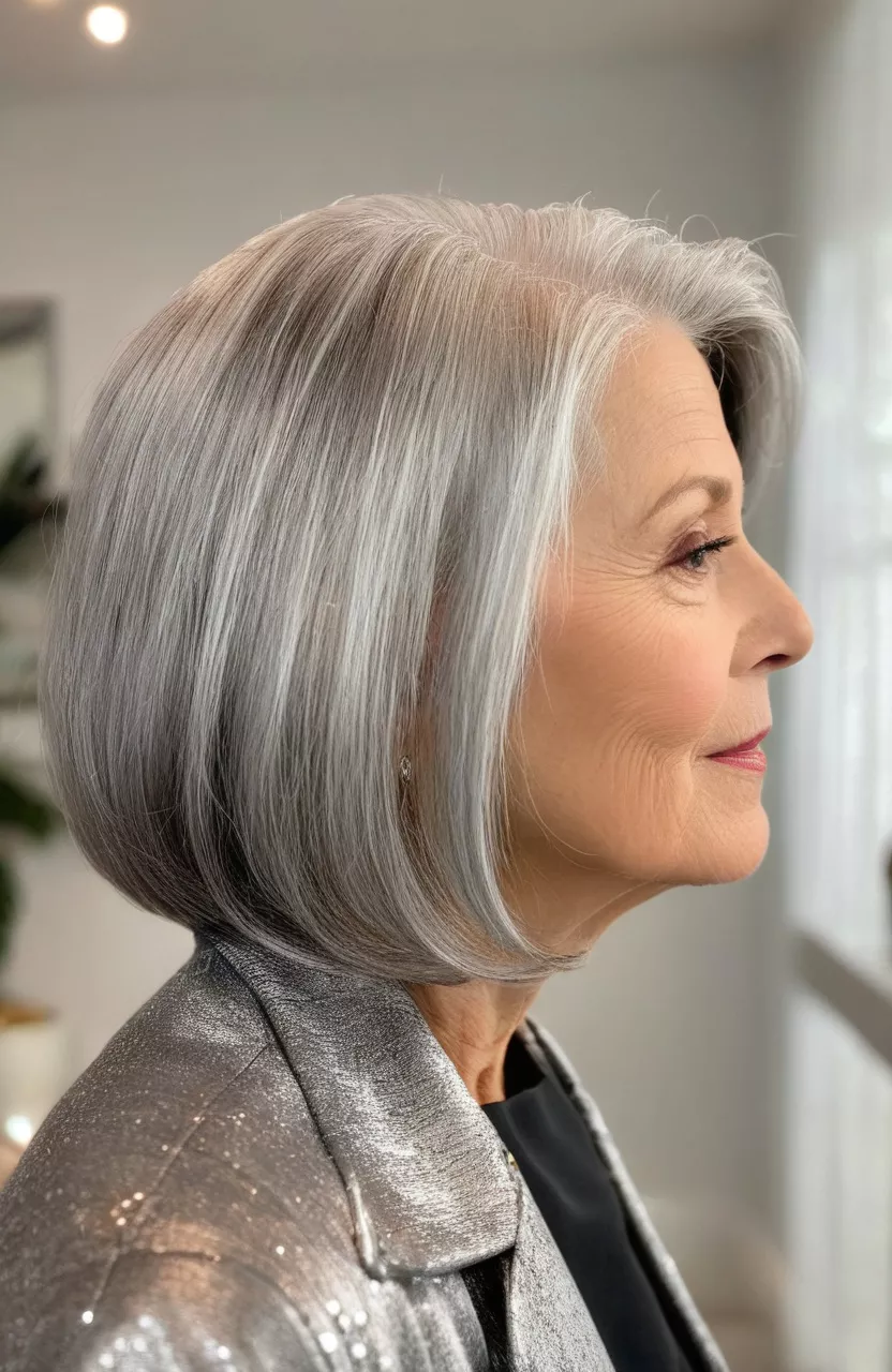 A photo of a 63-year-old Helen, side-swept silver bob, side view, living room background
