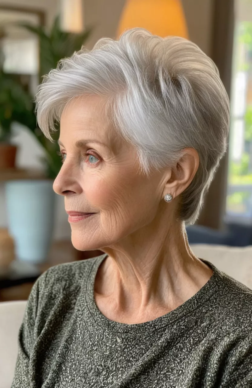 Beautiful Long Pixie Cut A photo of a 74-year-old Margaret, beautiful long pixie cut, side view, living room background
