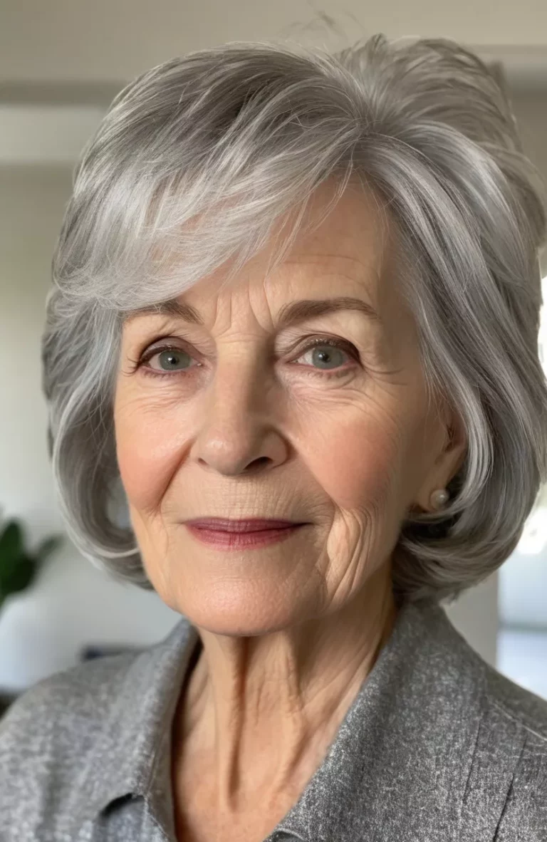 A photo of a 70-year-old Helen, face-framing wispy silver layers, front view, living room background