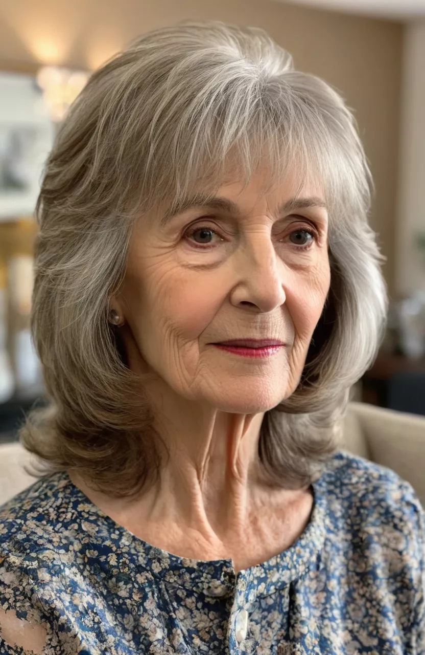 A photo of a 77-year-old Brenda, tousled shoulder-length layers with bangs, side view, living room background
