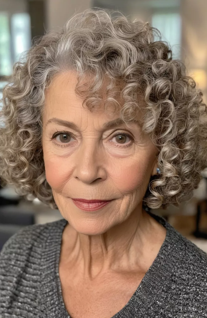 Curly Bob A photo of a 68-year-old Sandra, curly bob, front view, living room background