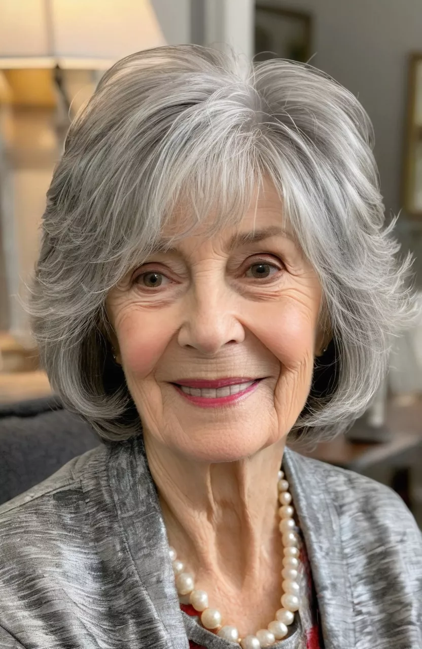 A photo of a 76-year-old Karen, gray wispy bob with feathered layers, front view, living room background