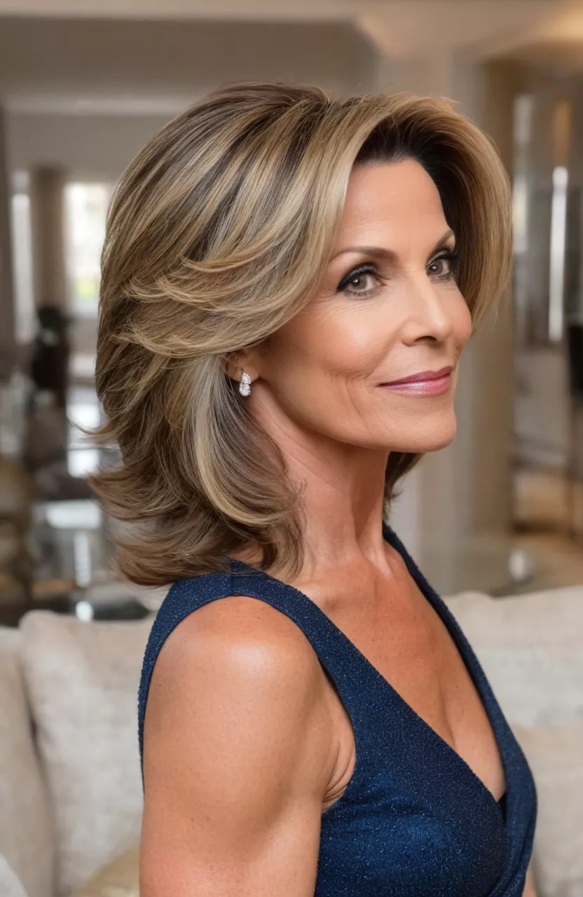 Side-Swept Cut A photo of a 51-year-old Michelle, side-swept medium length hair, side view, living room background