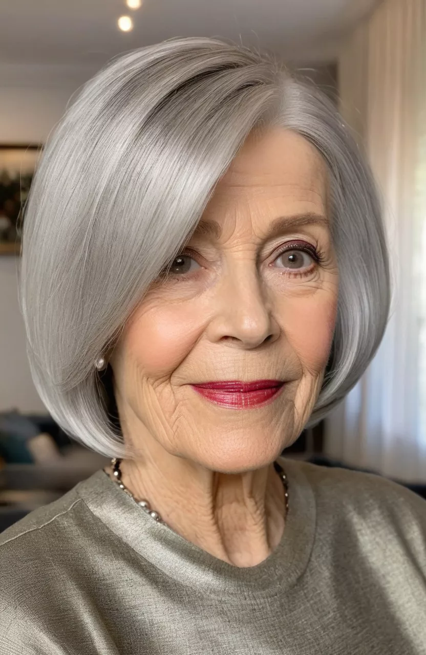 A photo of a 76-year-old Donna, silver bob with lowlights, front view, living room background