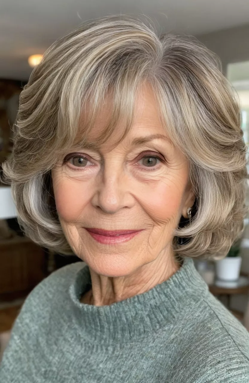 A photo of a 71-year-old Virginia, wavy layered bob, front view, living room background