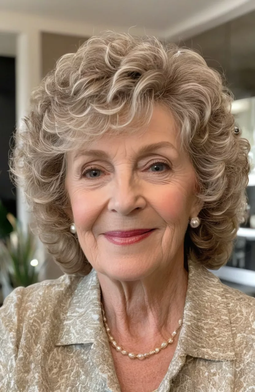 Short Layered Curls A photo of a 73-year-old Diane, short layered curls, front view, living room background