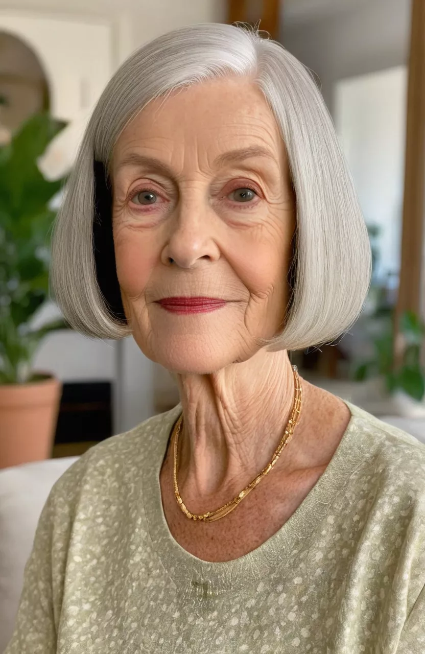 A photo of a 74-year-old Margaret, blunt bob, front view, living room background