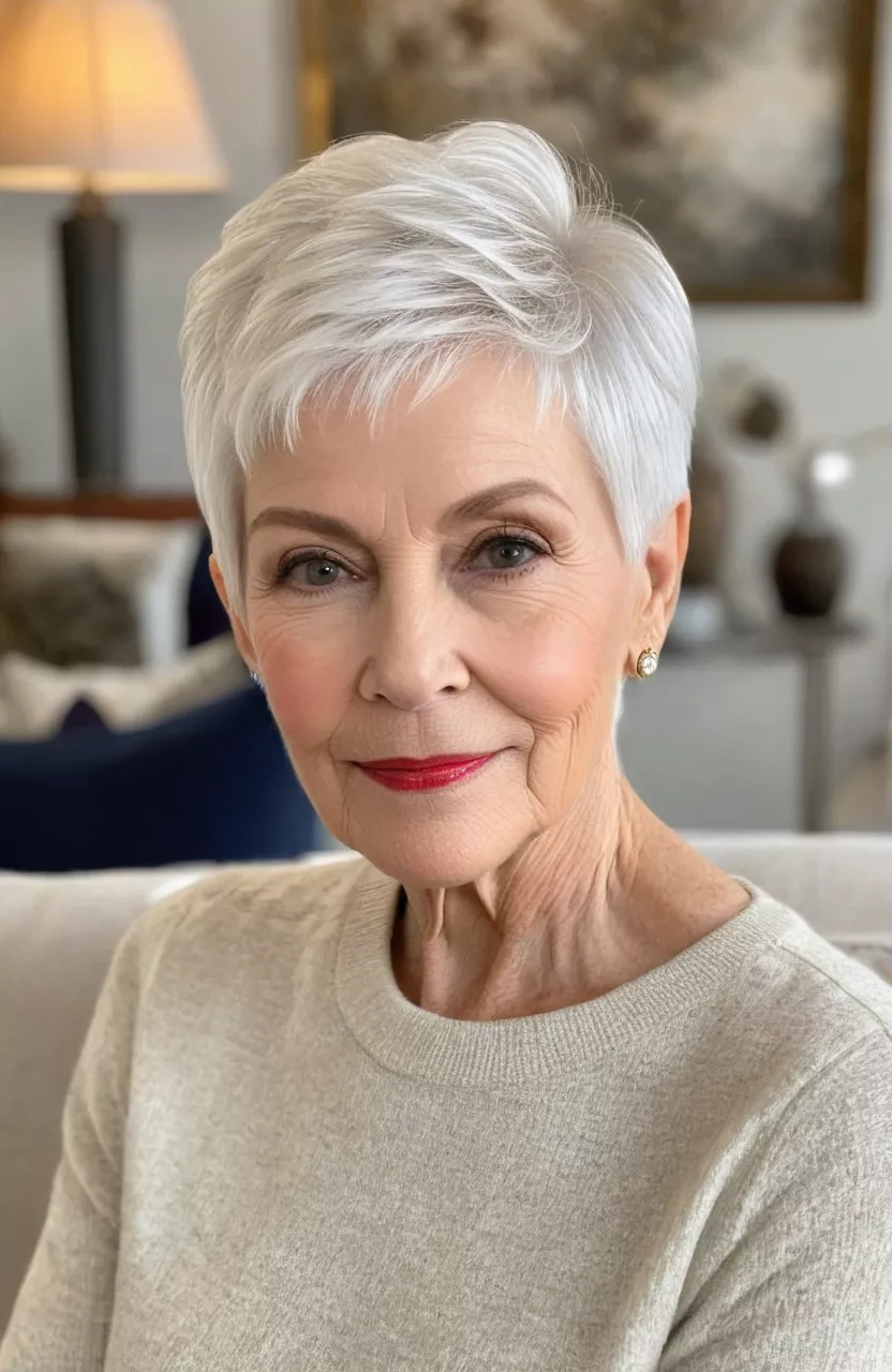 White Blonde Pixie Cut A photo of a 79-year-old Deborah, white blonde pixie cut, front view, living room background