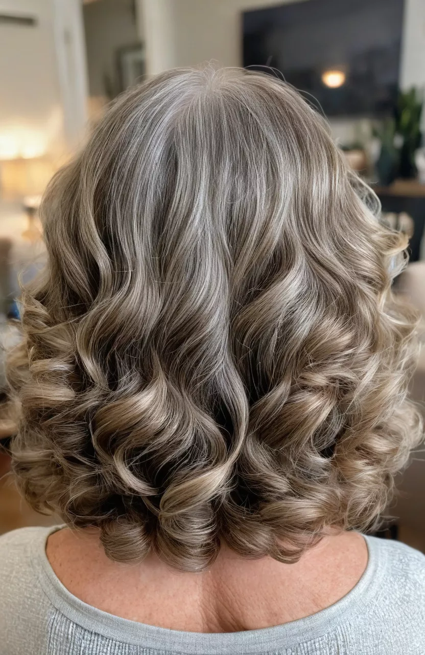 Curled Ends A photo of a 68-year-old Dorothy, curled ends, front view, living room background
