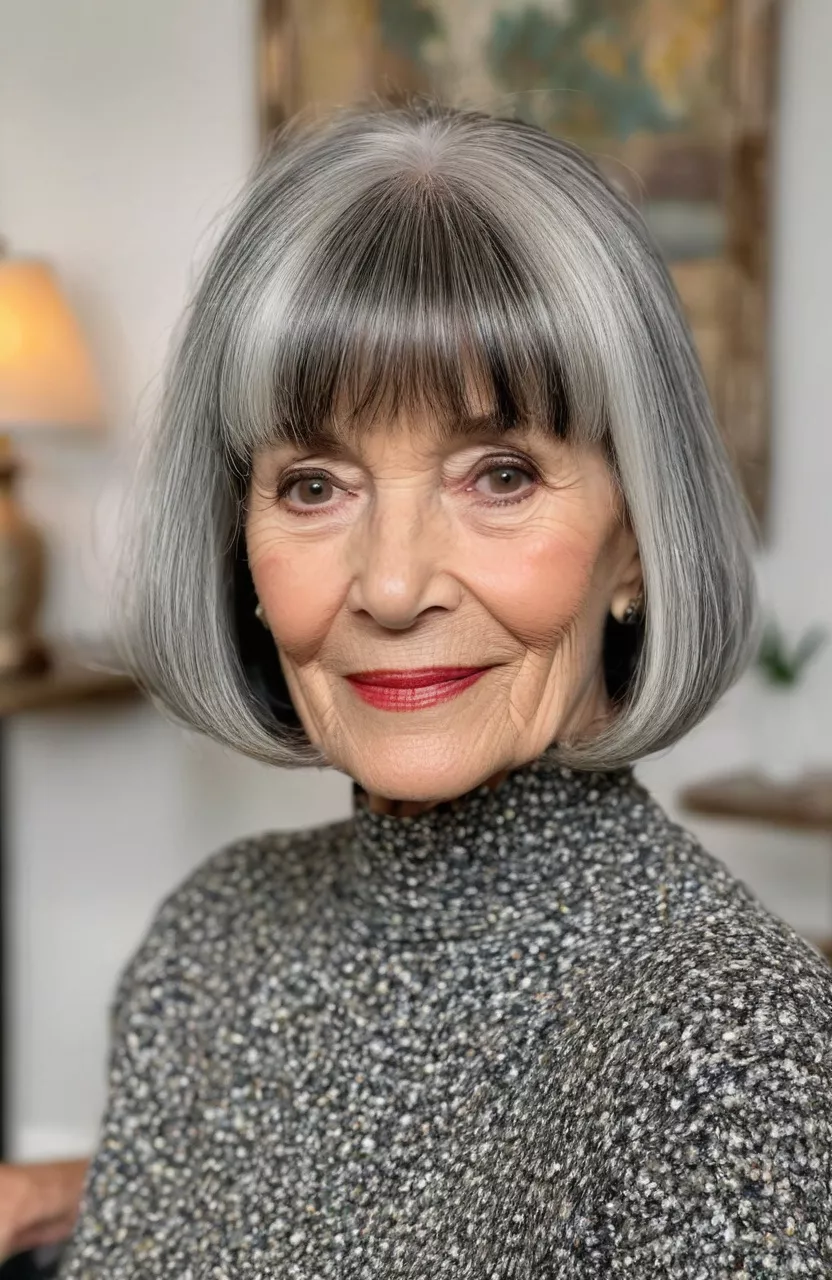 A photo of a 74-year-old Martha, salt-and-pepper bob with bangs, front view, living room background