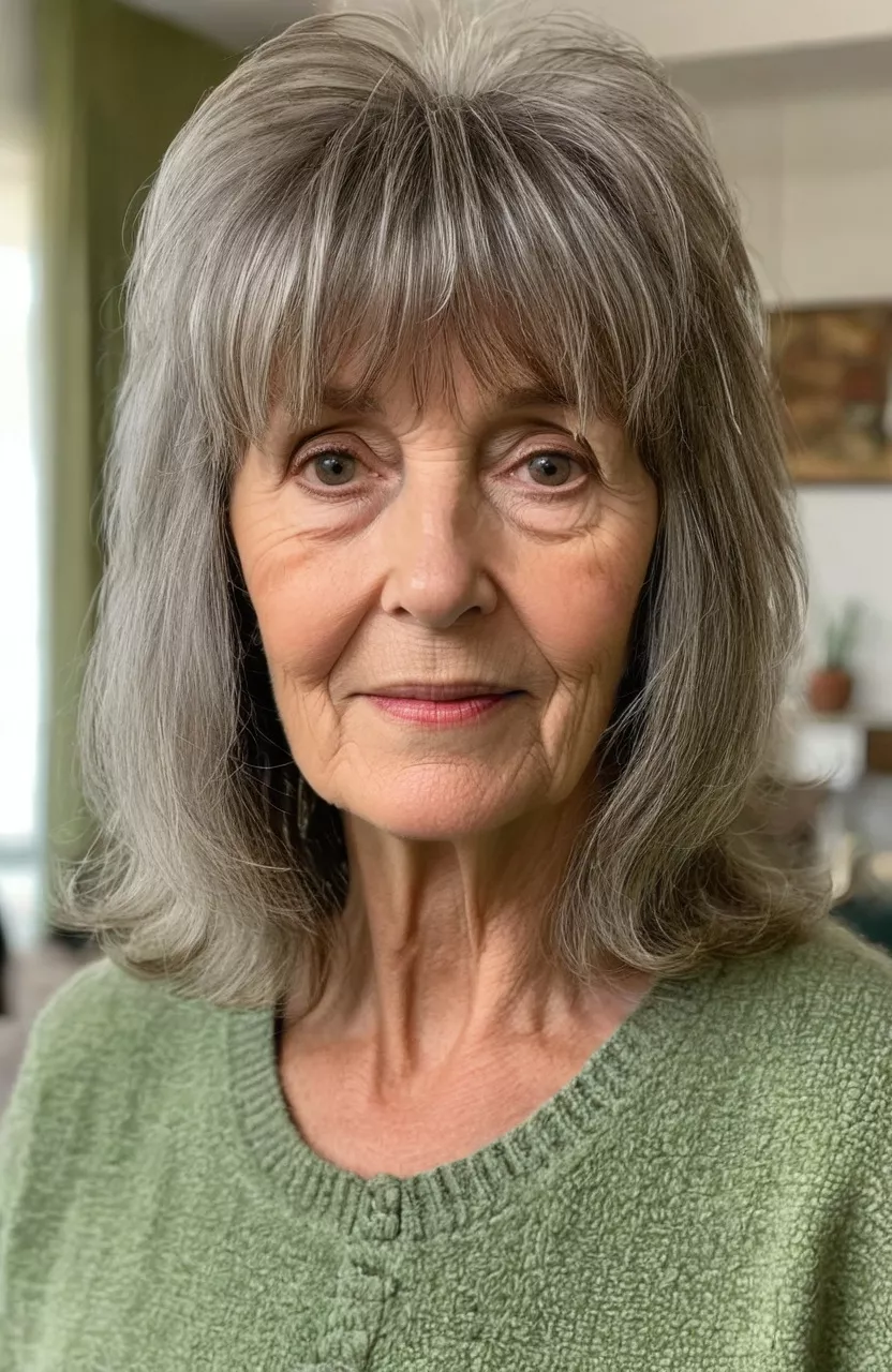 A photo of a 70-year-old Helen, shaggy layers with bangs, front view, living room background
