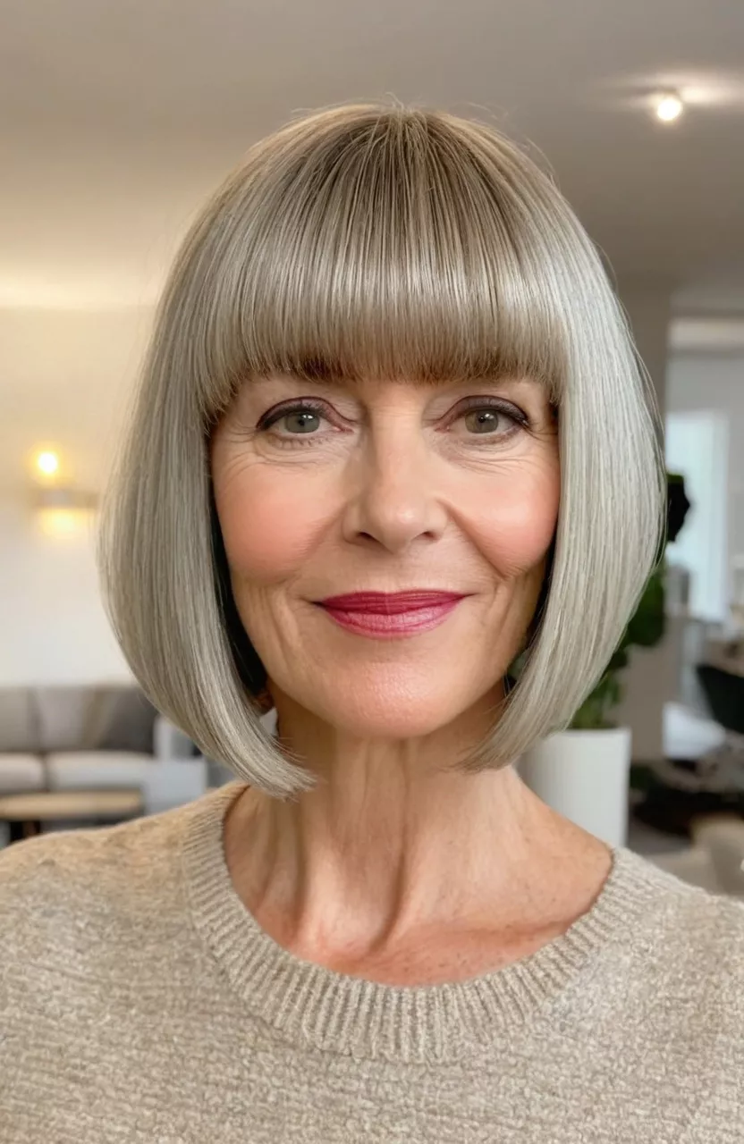 Light Ash Rounded Bob with Fringe A photo of a 51-year-old Donna, light ash rounded bob with fringe, front view, living room background
