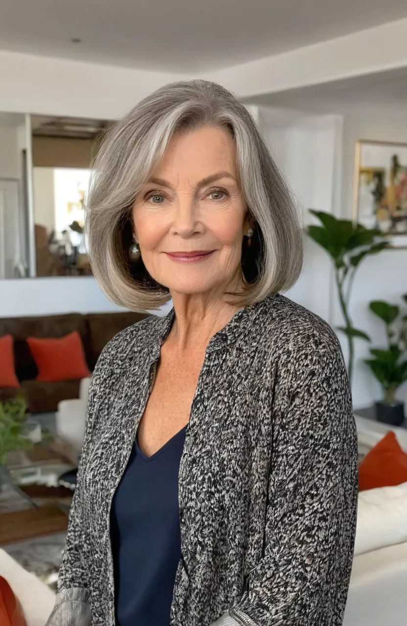 Blunt Lob A photo of a 62-year-old Susan, blunt lob, front view, living room background