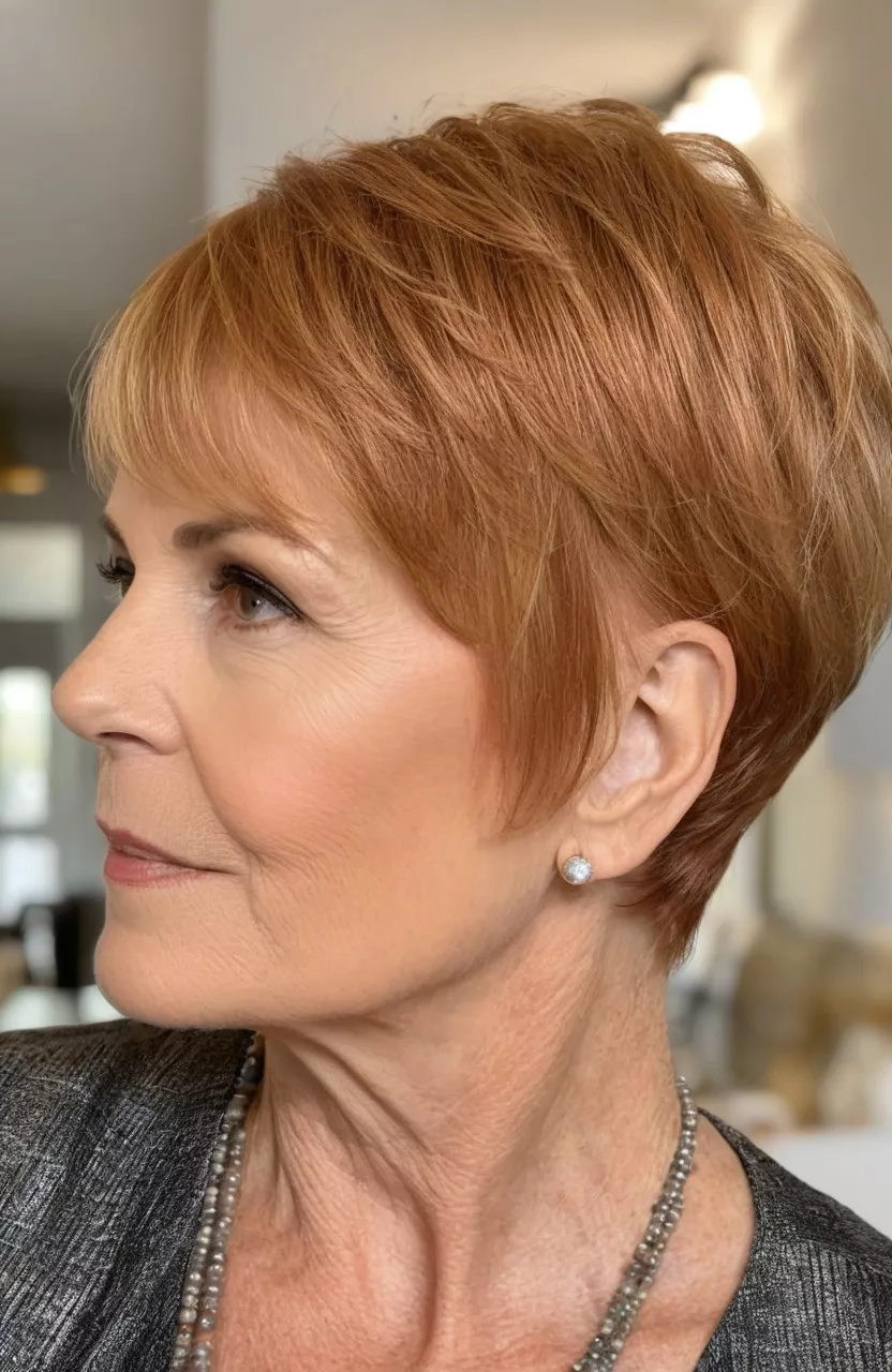 A photo of a 64-year-old Catherine, copper blonde asymmetrical pixie bob, side view, living room background