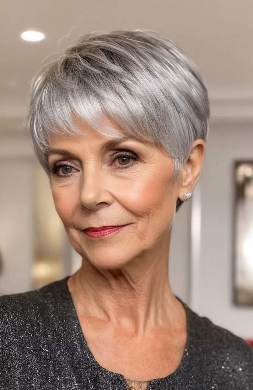 A photo of a 63-year-old Ruth, short silver pixie bob with side-swept fringe, side view, living room background