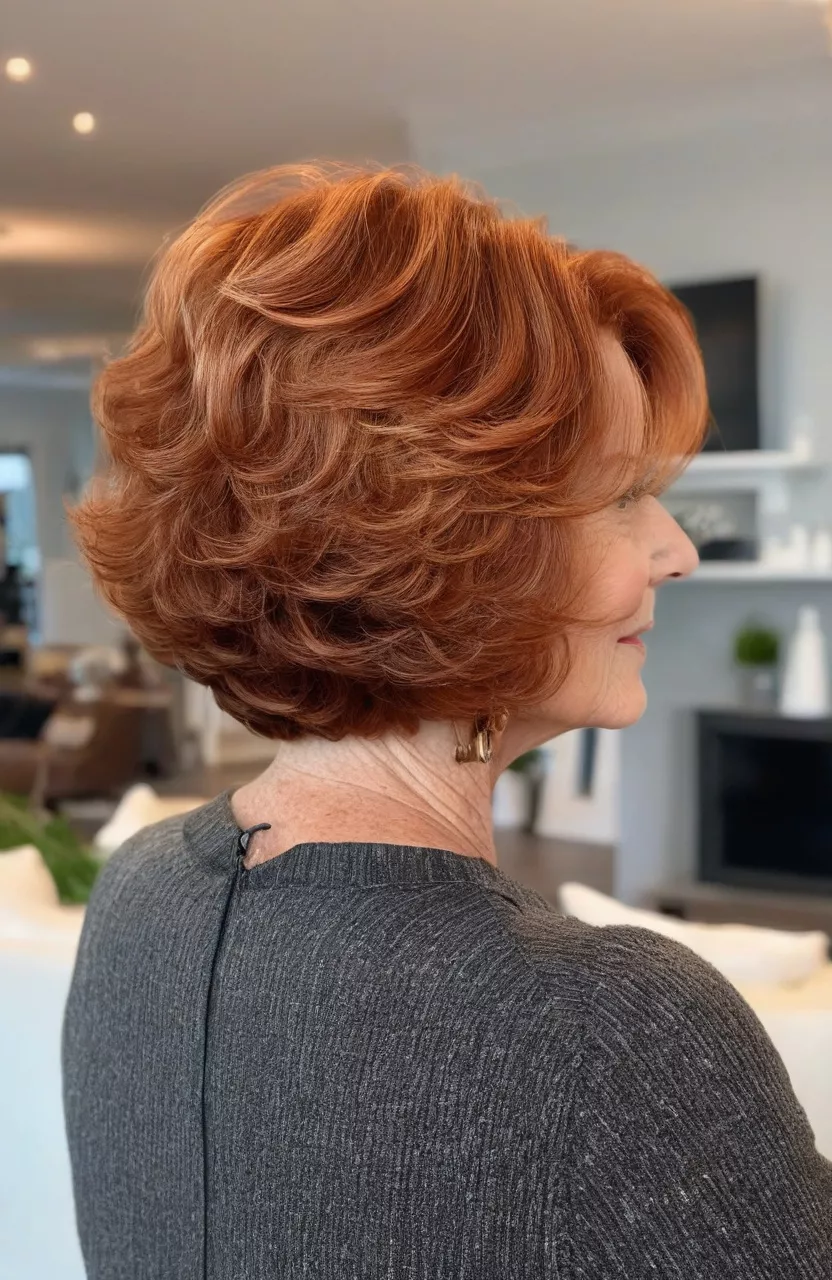 A photo of a 68-year-old Linda, warm copper wavy bob with stacked back, back view, living room background