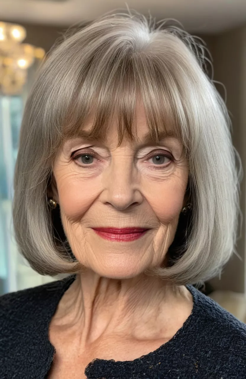 A photo of a 71-year-old Katherine, layered lob with bangs, front view, living room background