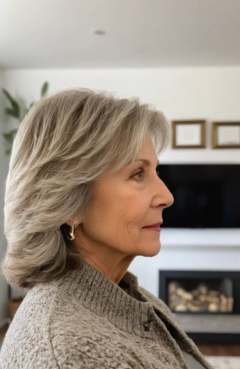Low Maintenance Layers A photo of a 64-year-old Julie, low maintenance layers, side view, living room background