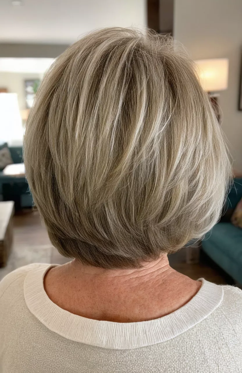 Layered Bob A photo of a 70-year-old Janice, layered bob, back view, living room background