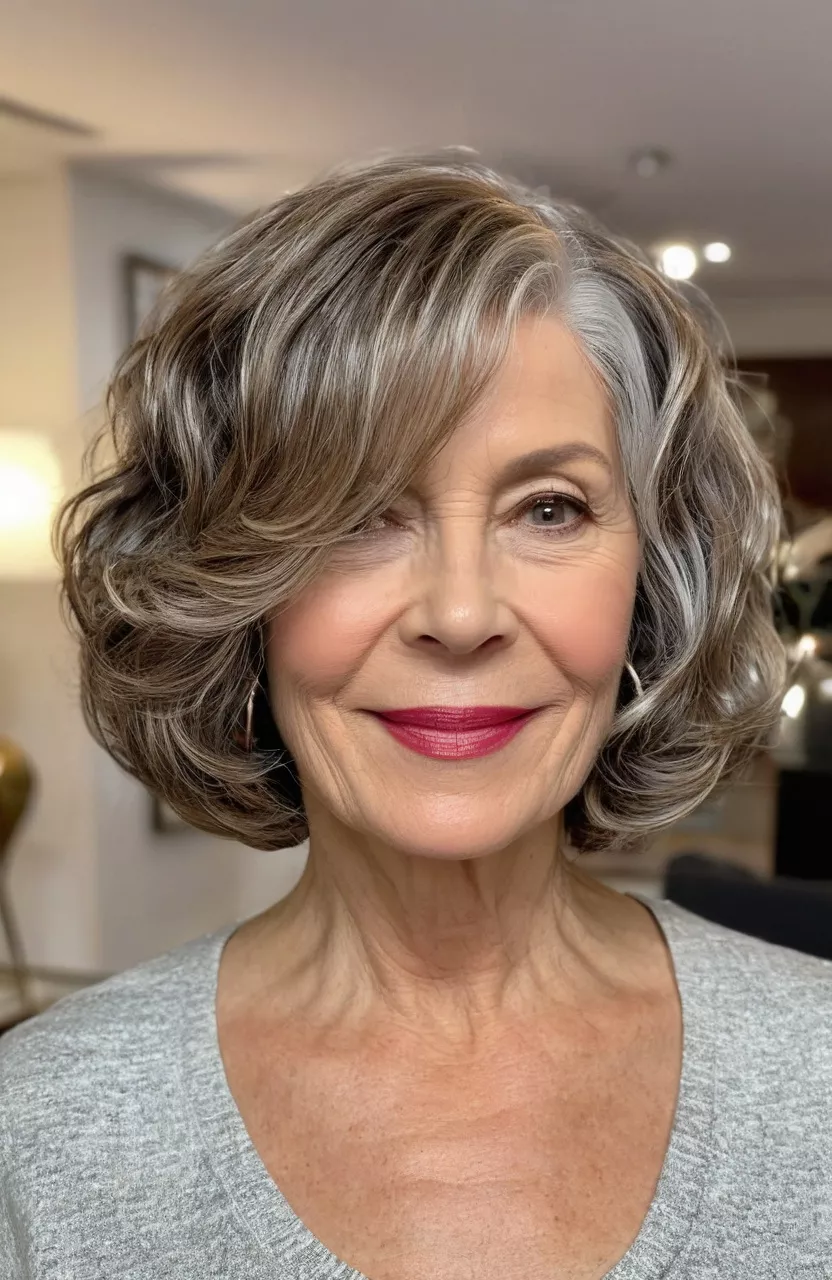 Medium-Length Wavy Bob A photo of a 57-year-old Dorothy, medium-length wavy bob, front view, living room background