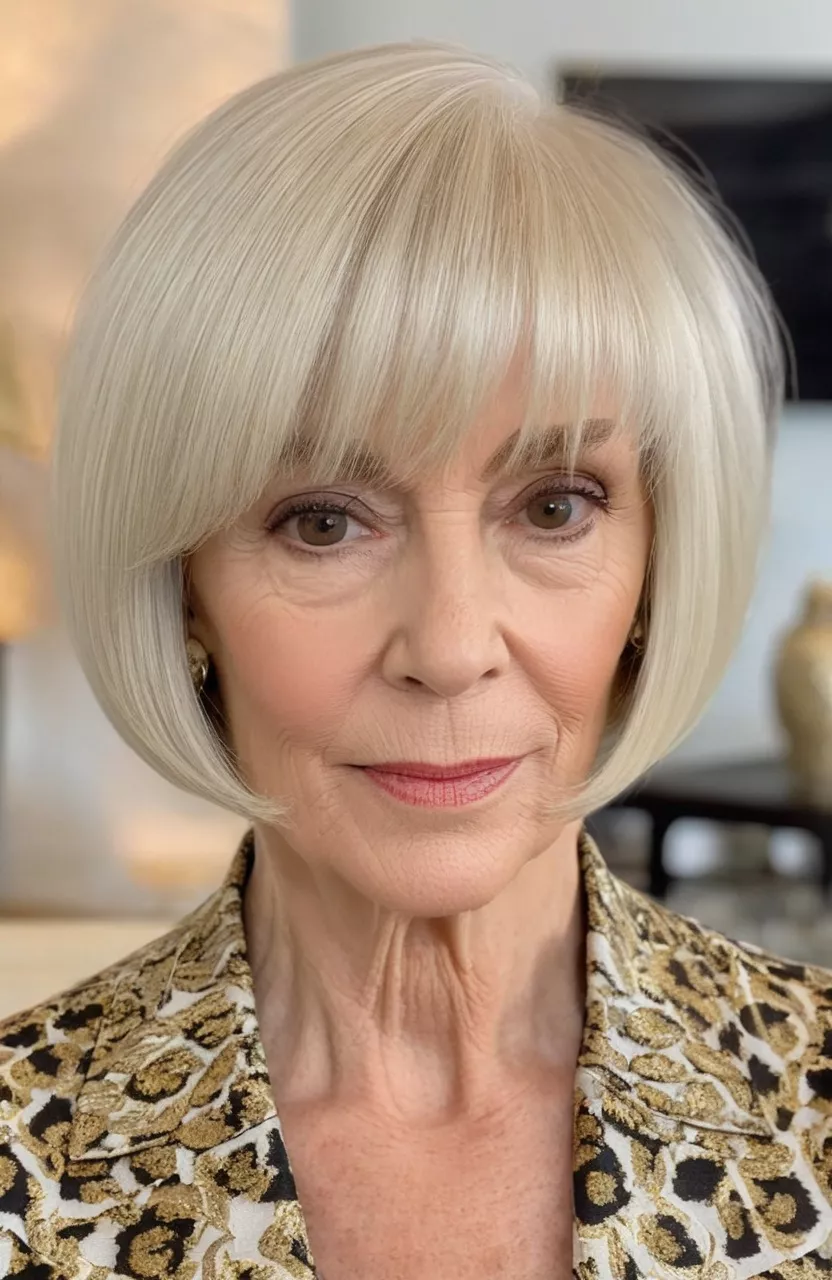 A photo of a 67-year-old Nancy, platinum blonde sleek bob with side-swept bangs, front view, living room background