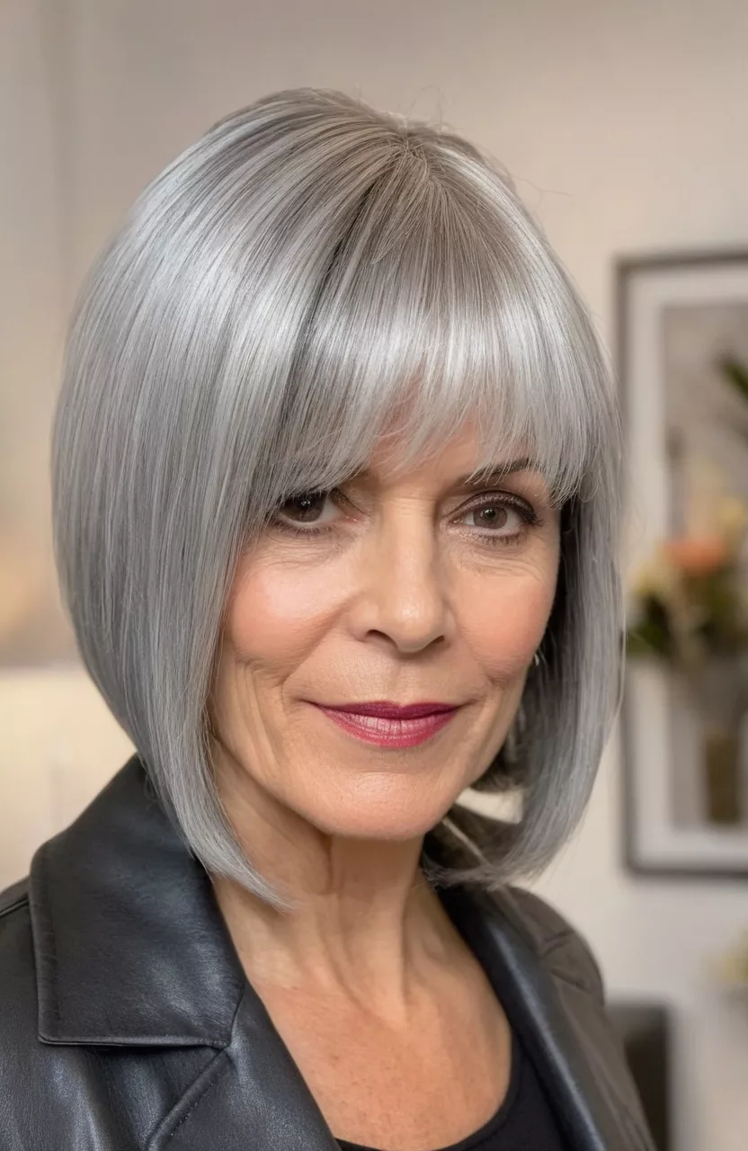 Asymmetrical Silver Bob with Swoop Bang A photo of a 51-year-old Deborah, asymmetrical silver bob with swoop bang, side view, living room background