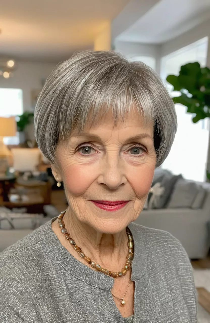 A photo of a 76-year-old Susan, low-maintenance pixie bob, front view, living room background