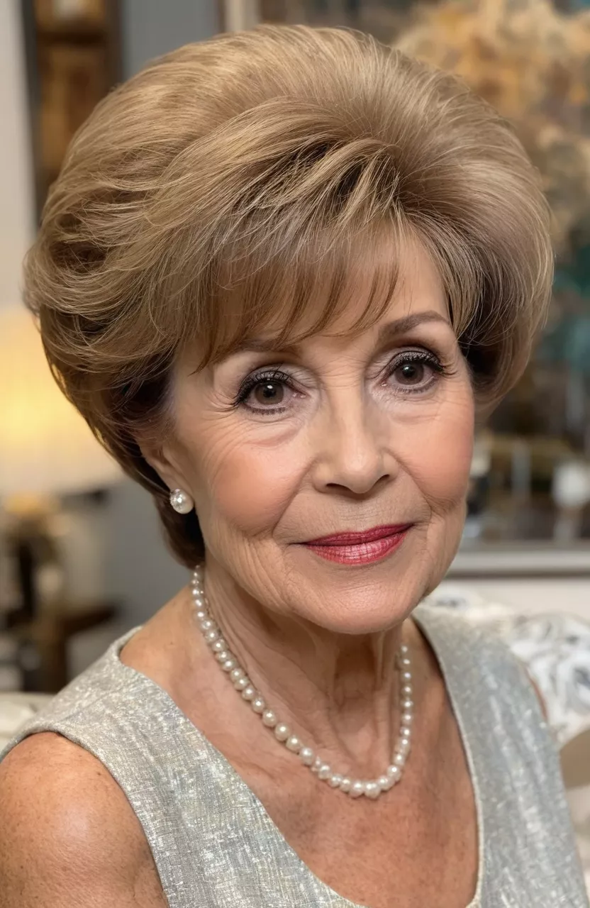 A photo of a 73-year-old Cynthia, layered bouffant with side-swept bangs, side view, living room background