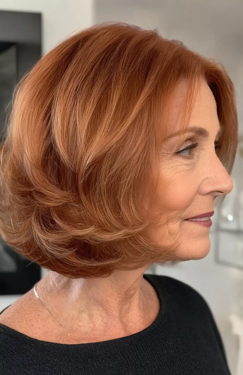 Copper Short Bob with Soft Waves A photo of a 64-year-old Nancy, copper short bob with soft waves, side view, living room background