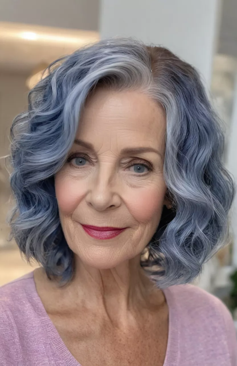 A photo of a 63-year-old Michelle, periwinkle steel blue wavy lob, front view, living room background