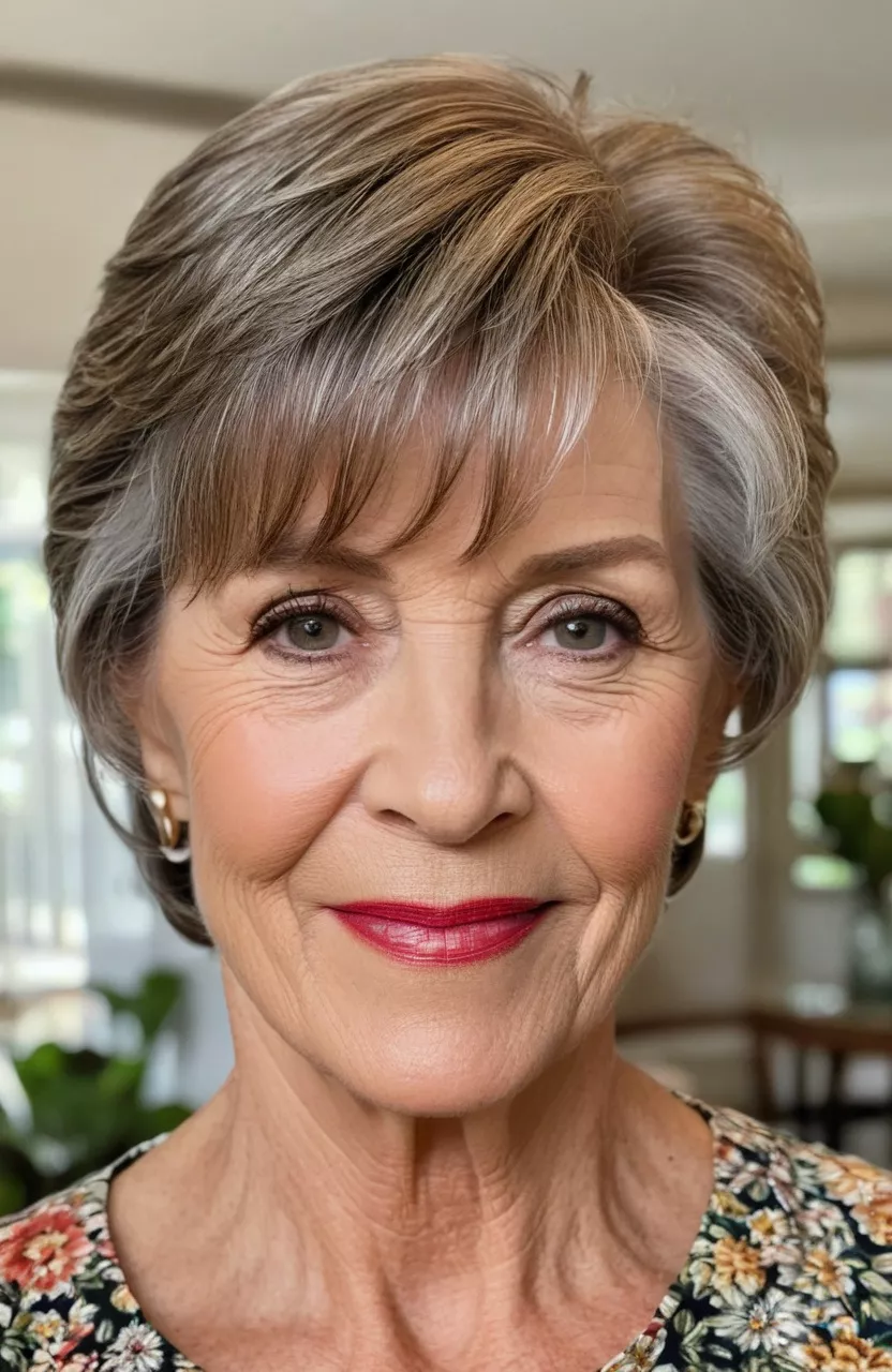 Side-Swept Fringe A photo of a 63-year-old Betty, side-swept fringe, front view, living room background